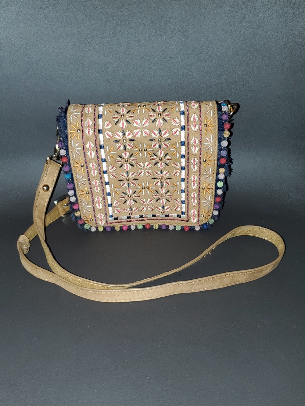 Parfois Embroidered Tan Convertible Crossbody Bag with Multicolor Pom Trim